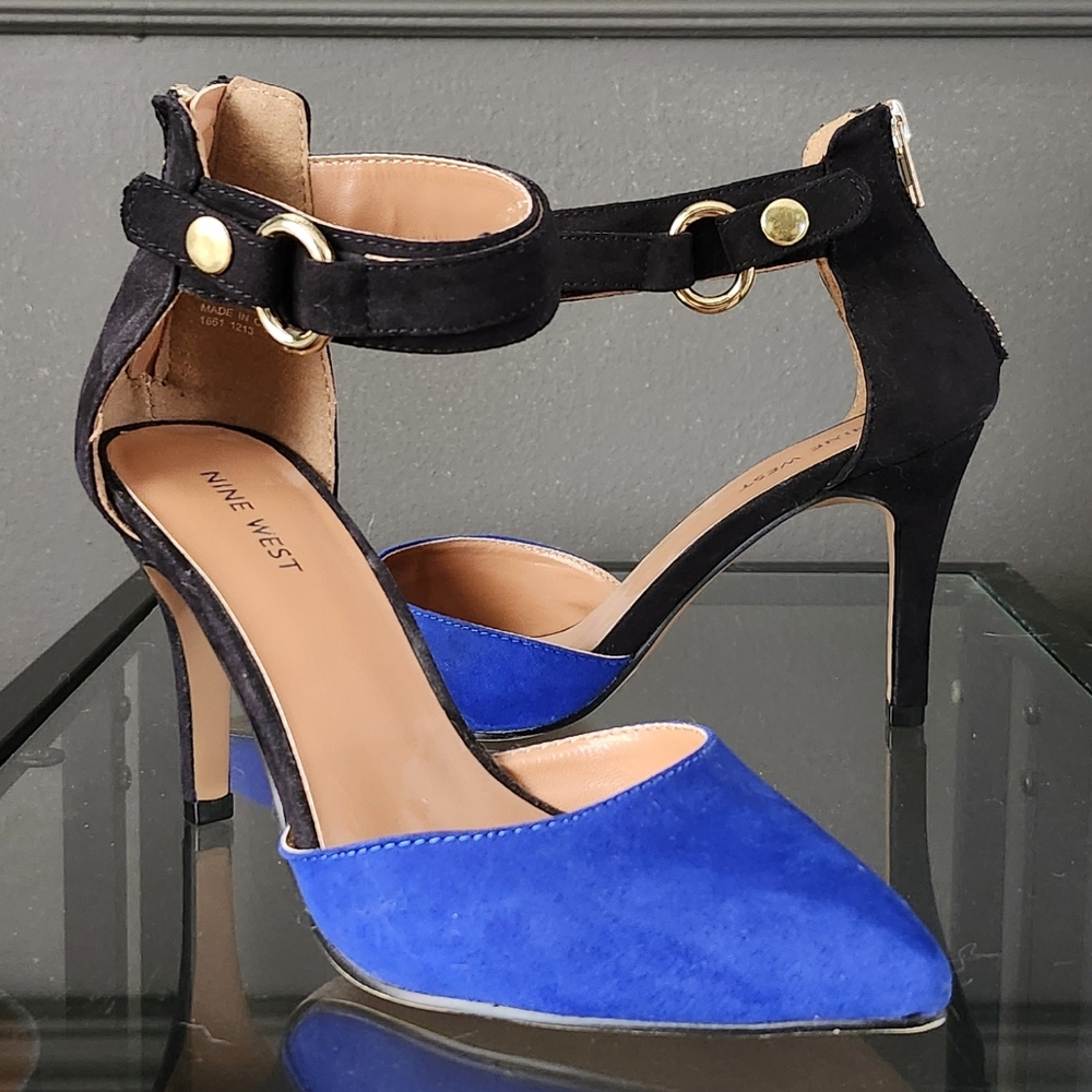 Nine West Black and Blue Ankle Strap Heels
